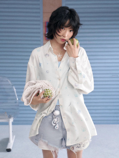 Ocean Print Heart Patch Pocket Silky Cool Sunscreen Shirt【s0000013132】