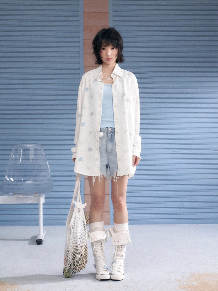 Ocean Print Heart Patch Pocket Silky Cool Sunscreen Shirt【s0000013132】
