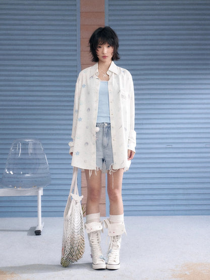 Ocean Print Heart Patch Pocket Silky Cool Sunscreen Shirt【s0000013132】