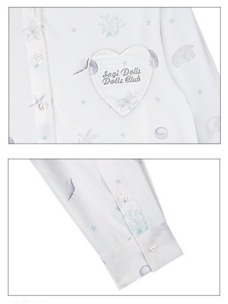 Ocean Print Heart Patch Pocket Silky Cool Sunscreen Shirt【s0000013132】