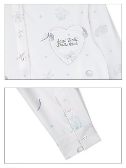 Ocean Print Heart Patch Pocket Silky Cool Sunscreen Shirt【s0000013132】