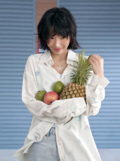 Ocean Print Heart Patch Pocket Silky Cool Sunscreen Shirt【s0000013132】