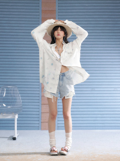 Ocean Print Heart Patch Pocket Silky Cool Sunscreen Shirt【s0000013132】