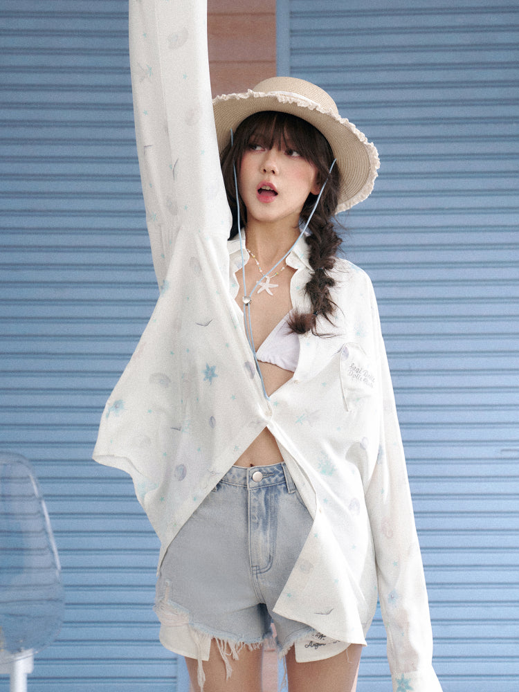 Ocean Print Heart Patch Pocket Silky Cool Sunscreen Shirt【s0000013132】