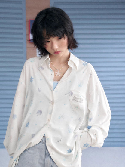 Ocean Print Heart Patch Pocket Silky Cool Sunscreen Shirt【s0000013132】