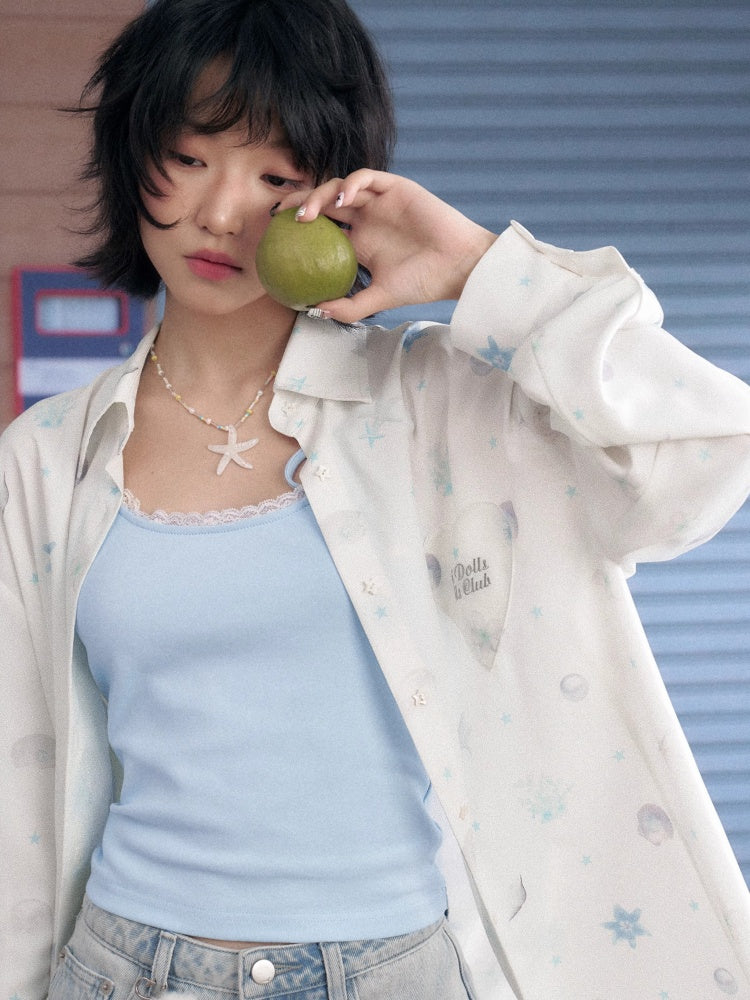 Ocean Print Heart Patch Pocket Silky Cool Sunscreen Shirt【s0000013132】