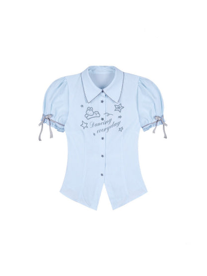 Rabbit Print Pointed Collar Ribbon Puff Sleeves Shirt【s0000013133】