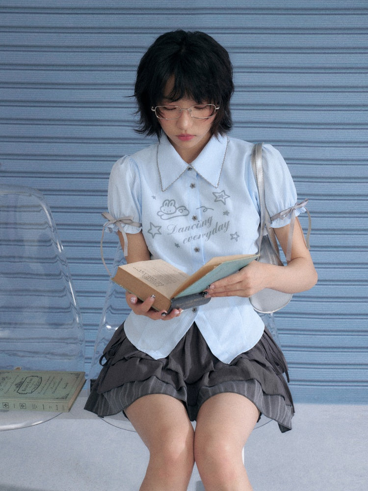 Rabbit Print Pointed Collar Ribbon Puff Sleeves Shirt【s0000013133】