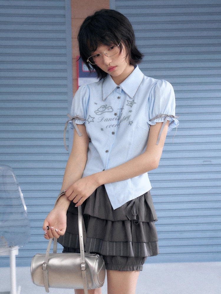 Rabbit Print Pointed Collar Ribbon Puff Sleeves Shirt【s0000013133】