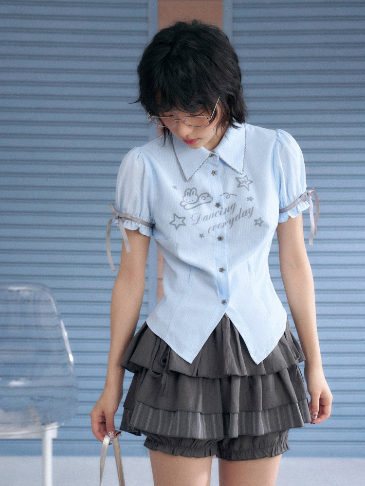 Rabbit Print Pointed Collar Ribbon Puff Sleeves Shirt【s0000013133】