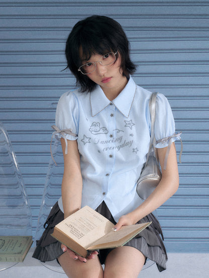 Rabbit Print Pointed Collar Ribbon Puff Sleeves Shirt【s0000013133】
