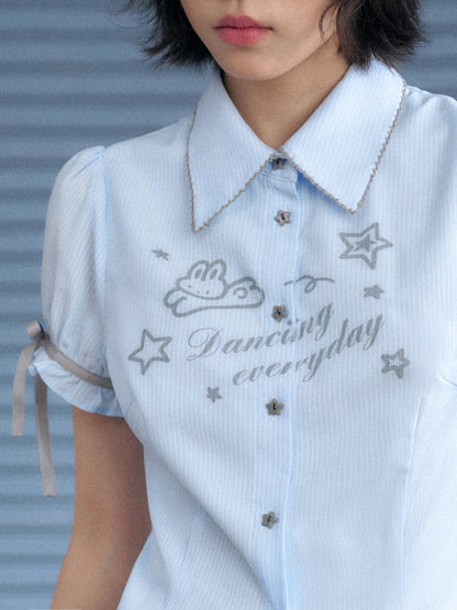 Rabbit Print Pointed Collar Ribbon Puff Sleeves Shirt【s0000013133】
