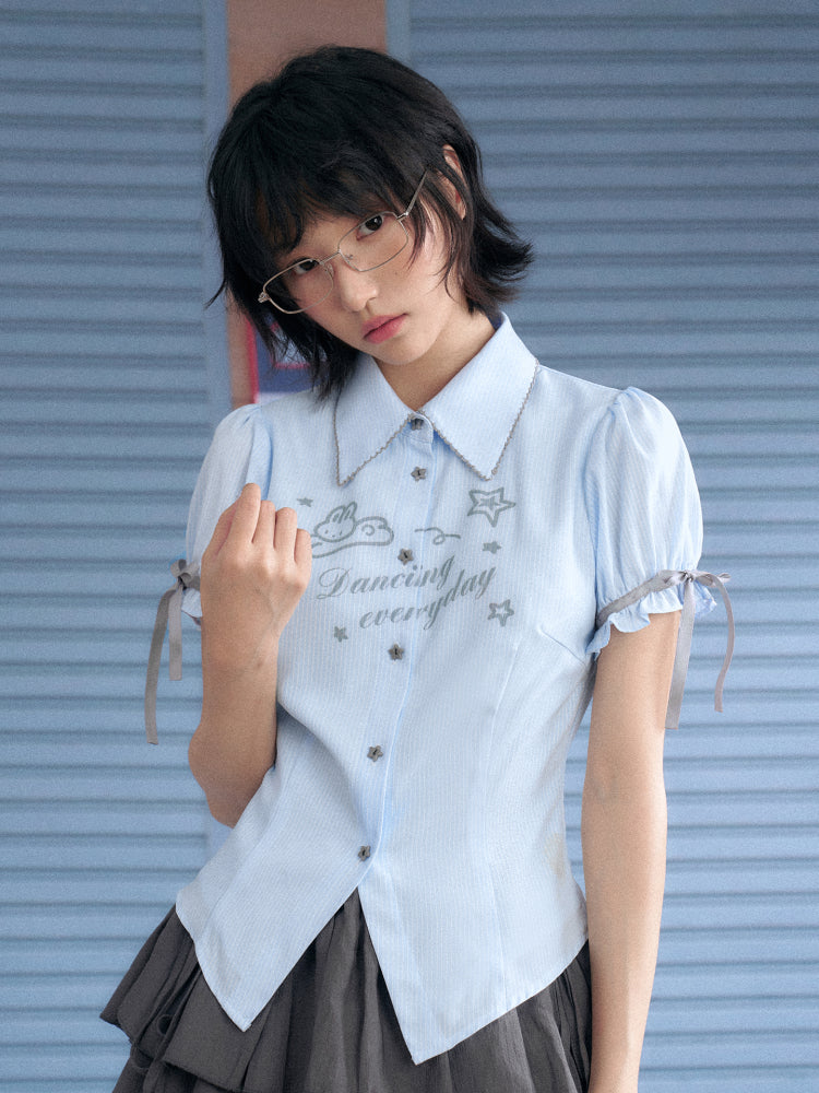 Rabbit Print Pointed Collar Ribbon Puff Sleeves Shirt【s0000013133】