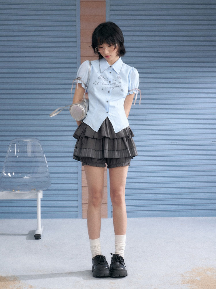 Rabbit Print Pointed Collar Ribbon Puff Sleeves Shirt【s0000013133】