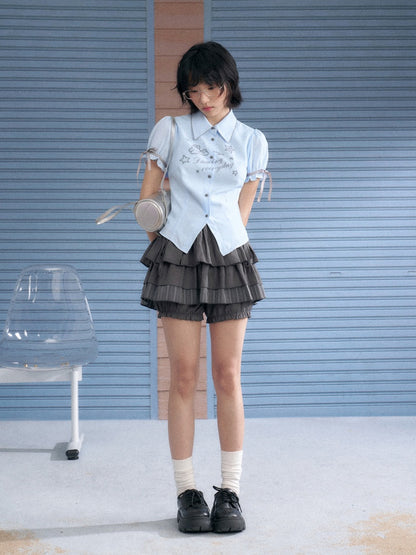 Rabbit Print Pointed Collar Ribbon Puff Sleeves Shirt【s0000013133】