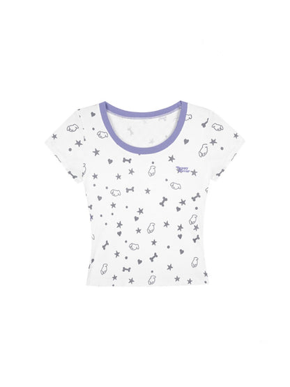 Puppy Party Printed Contrast Short Sleeve T-Shirt【s0000013135】