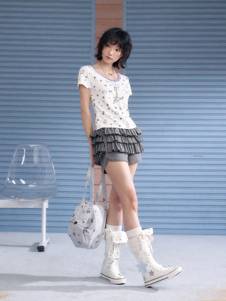 Puppy Party Printed Contrast Short Sleeve T-Shirt【s0000013135】