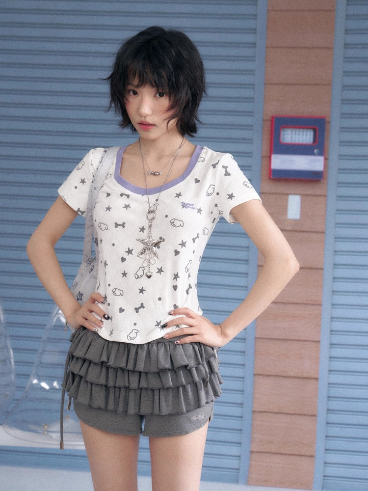 Puppy Party Printed Contrast Short Sleeve T-Shirt【s0000013135】