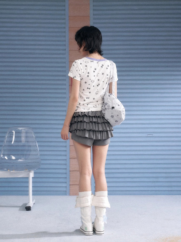 Puppy Party Printed Contrast Short Sleeve T-Shirt【s0000013135】