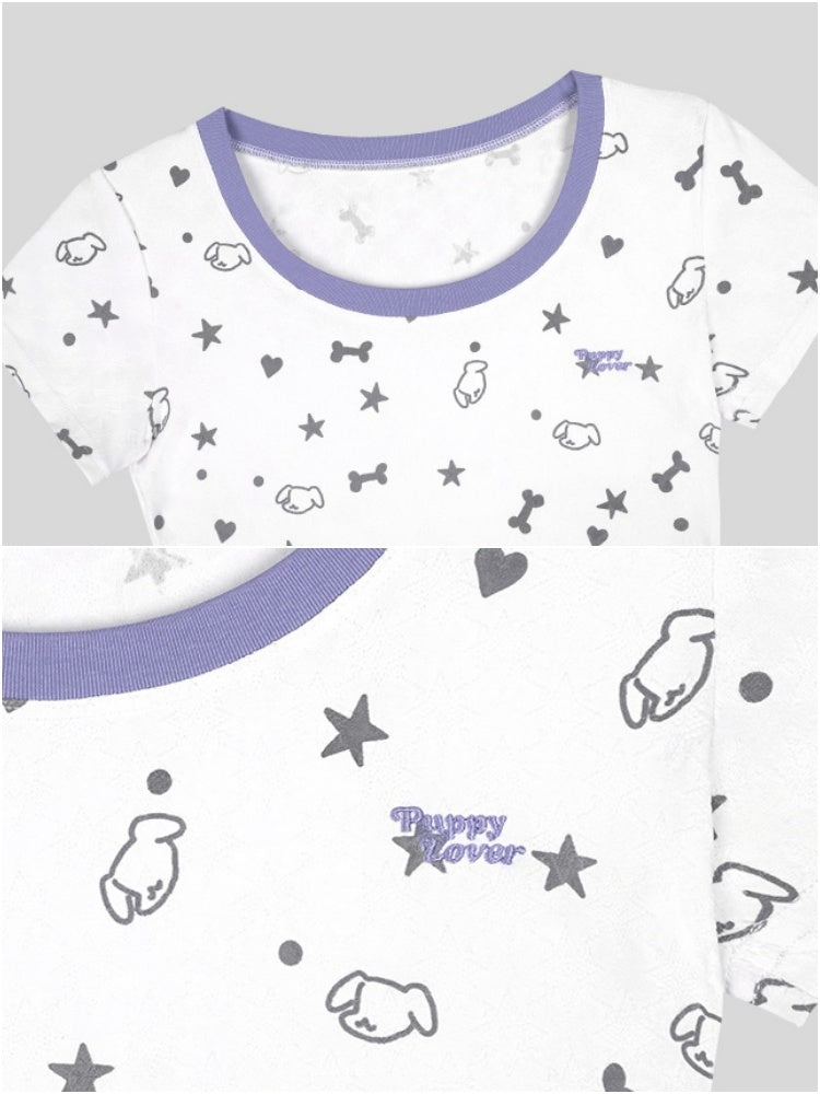Puppy Party Printed Contrast Short Sleeve T-Shirt【s0000013135】
