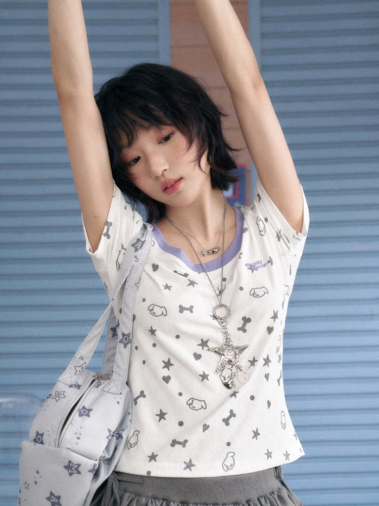 Puppy Party Printed Contrast Short Sleeve T-Shirt【s0000013135】
