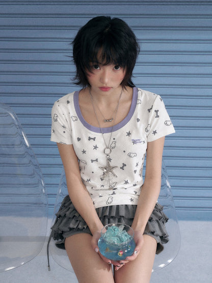 Puppy Party Printed Contrast Short Sleeve T-Shirt【s0000013135】