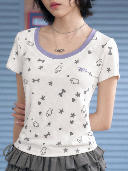 Puppy Party Printed Contrast Short Sleeve T-Shirt【s0000013135】