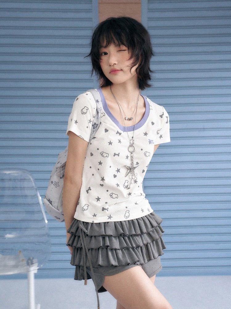 Puppy Party Printed Contrast Short Sleeve T-Shirt【s0000013135】