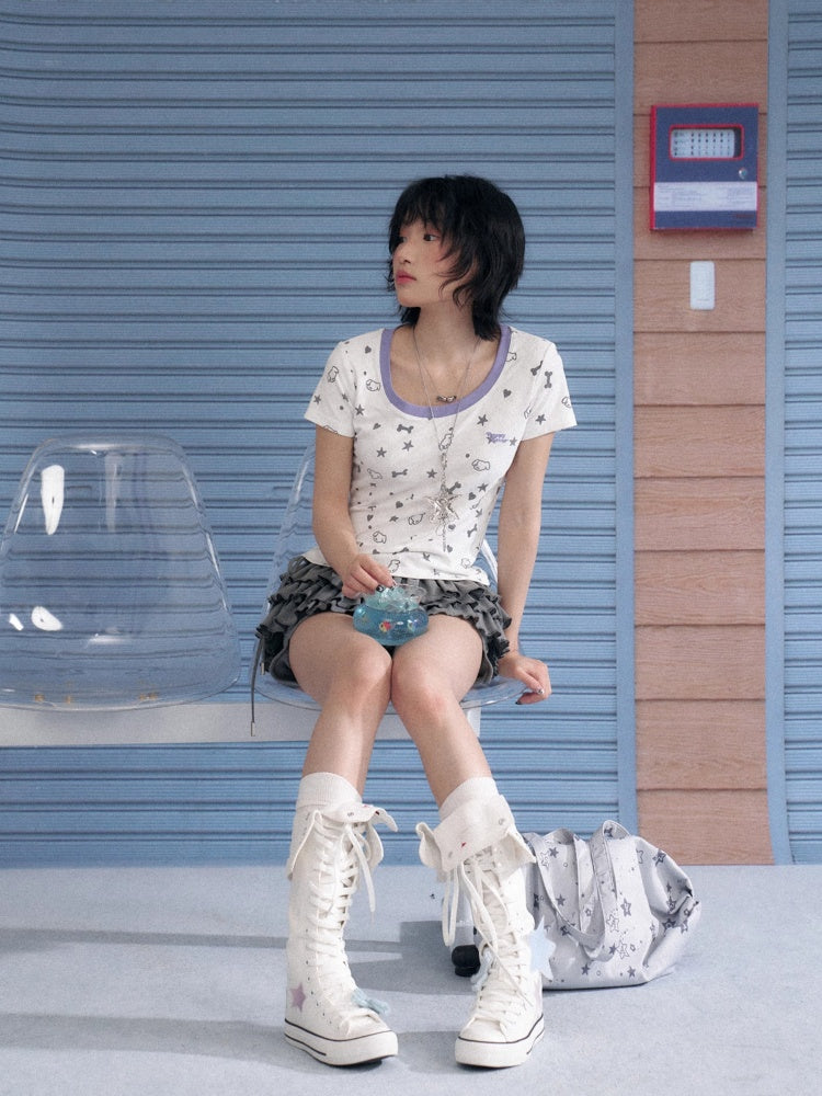 Puppy Party Printed Contrast Short Sleeve T-Shirt【s0000013135】