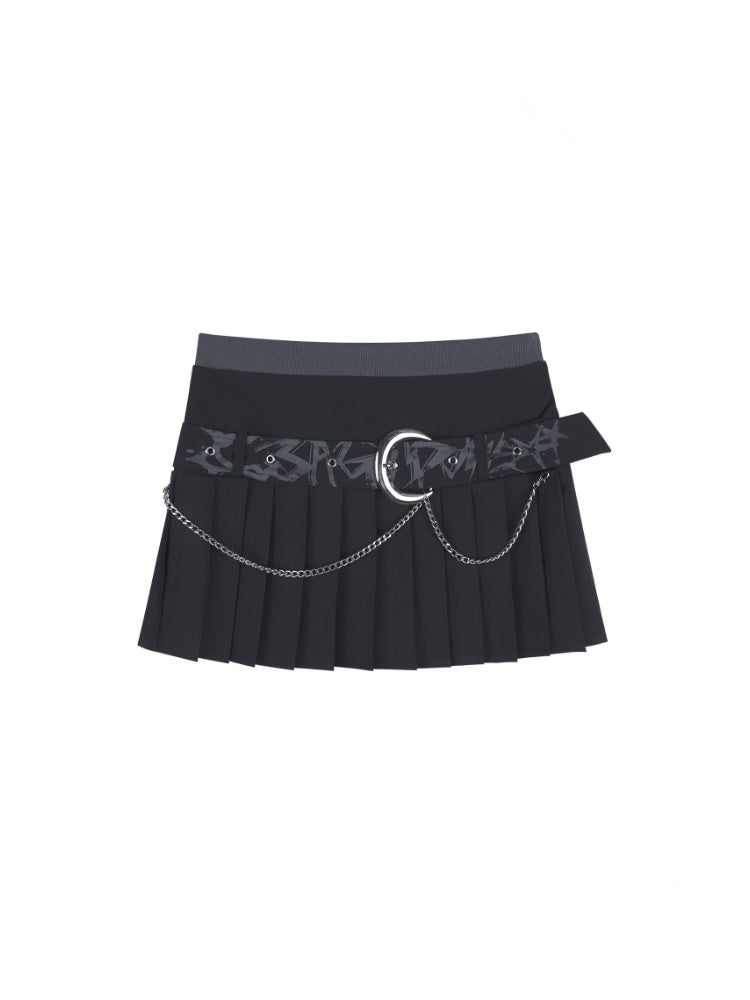 Graffiti Chain Belt Double Waist Pleated Skirt 【s0000013136】
