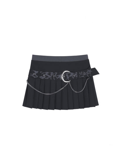Graffiti Chain Belt Double Waist Pleated Skirt 【s0000013136】