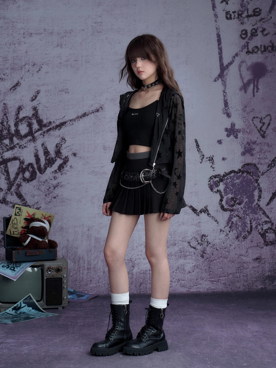 Graffiti Chain Belt Double Waist Pleated Skirt 【s0000013136】