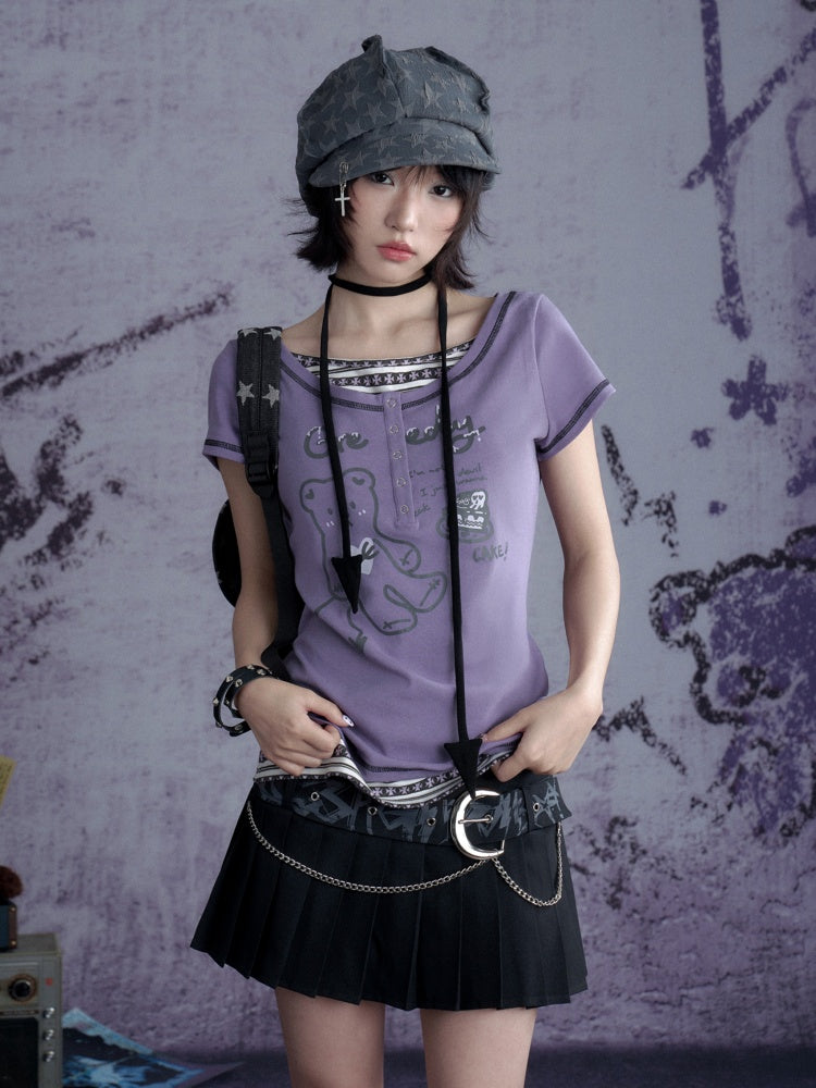 Graffiti Chain Belt Double Waist Pleated Skirt 【s0000013136】