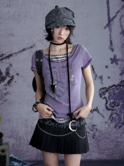 Graffiti Chain Belt Double Waist Pleated Skirt 【s0000013136】