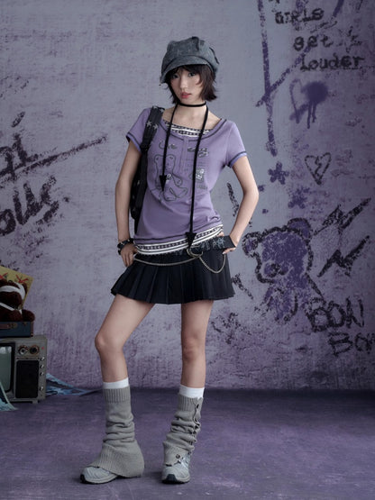 Graffiti Chain Belt Double Waist Pleated Skirt 【s0000013136】