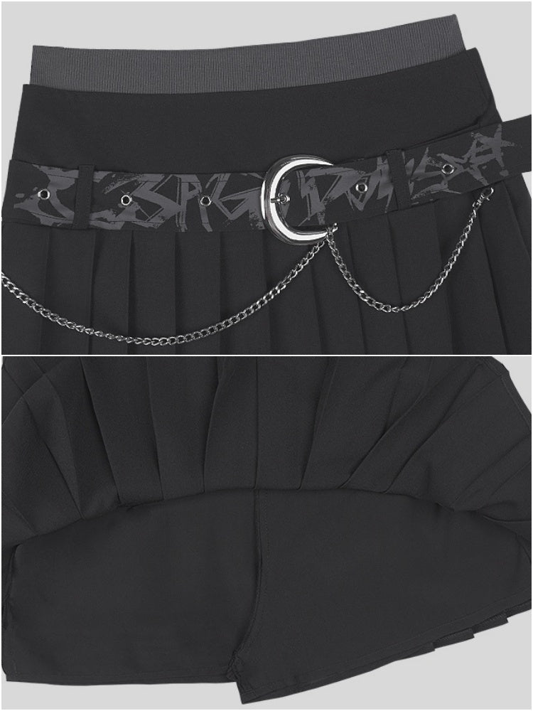 Graffiti Chain Belt Double Waist Pleated Skirt 【s0000013136】