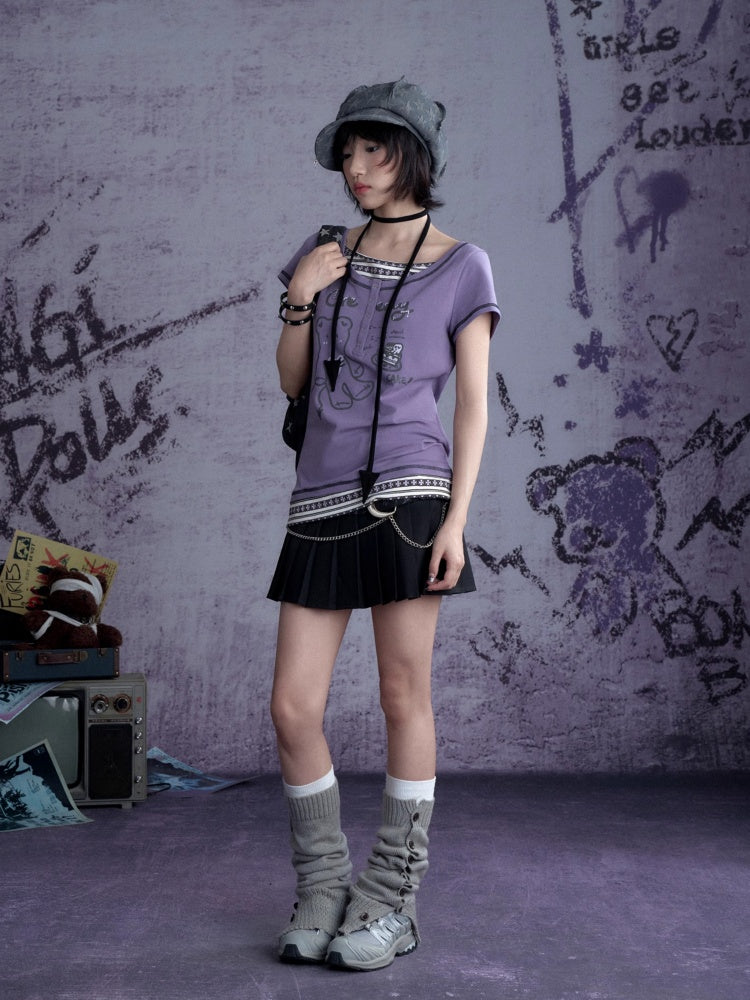 Graffiti Chain Belt Double Waist Pleated Skirt 【s0000013136】