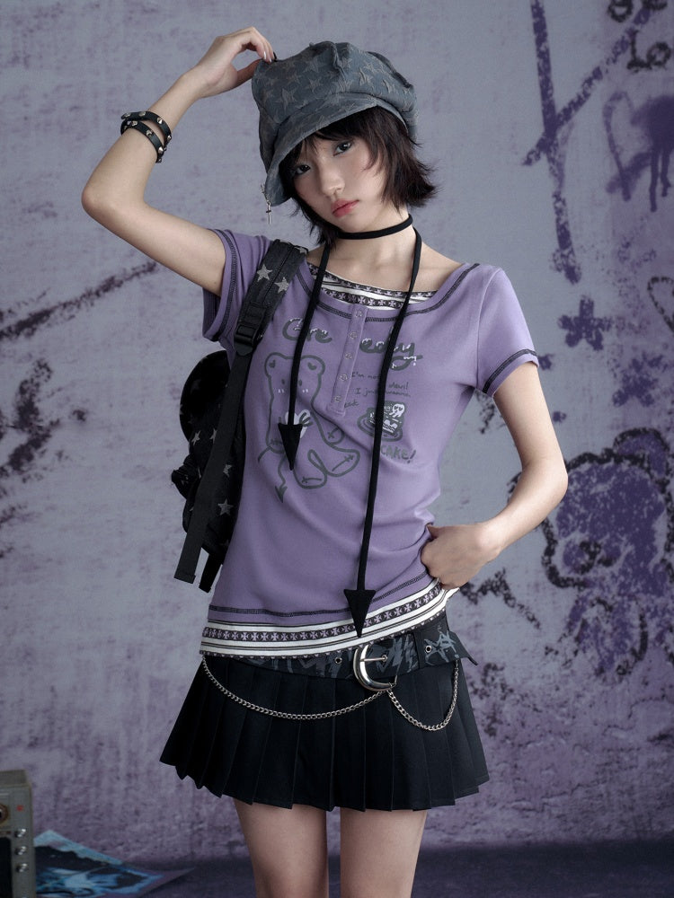 Graffiti Chain Belt Double Waist Pleated Skirt 【s0000013136】