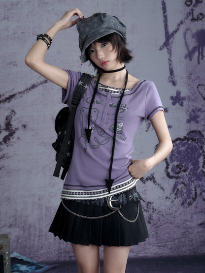 Graffiti Chain Belt Double Waist Pleated Skirt 【s0000013136】