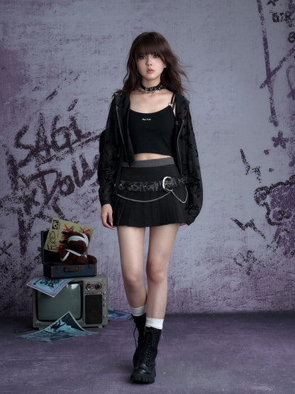 Graffiti Chain Belt Double Waist Pleated Skirt 【s0000013136】