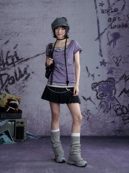 Graffiti Chain Belt Double Waist Pleated Skirt 【s0000013136】