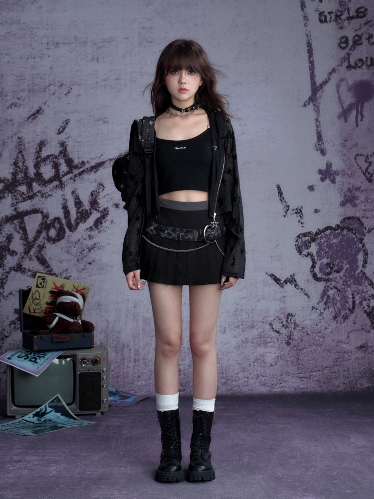 Graffiti Chain Belt Double Waist Pleated Skirt 【s0000013136】