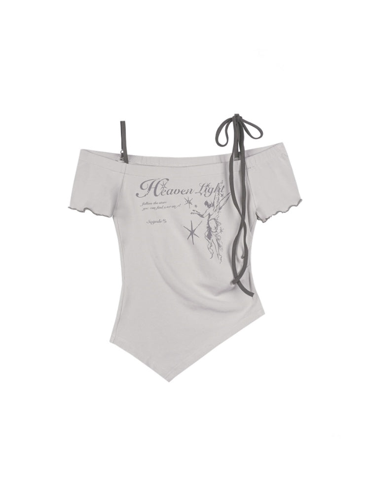 Angel Print Shoulder Straps Irregular Tops【s0000013137】