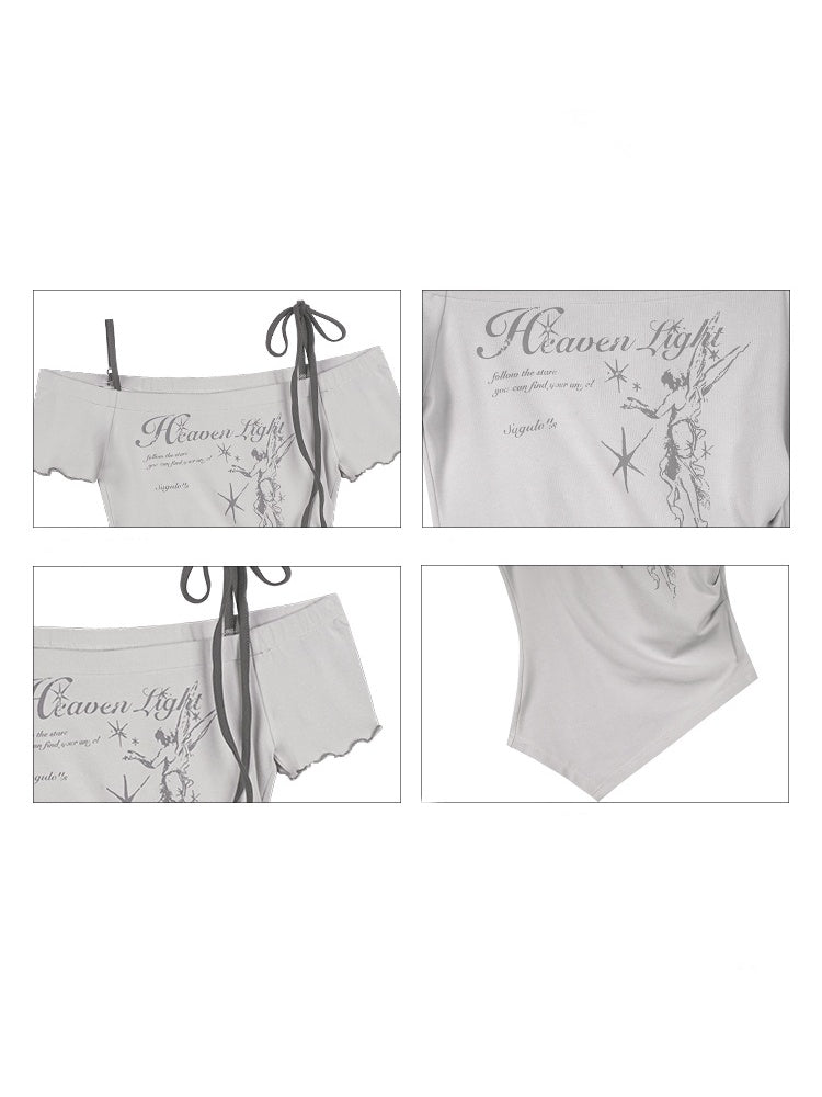 Angel Print Shoulder Straps Irregular Tops【s0000013137】