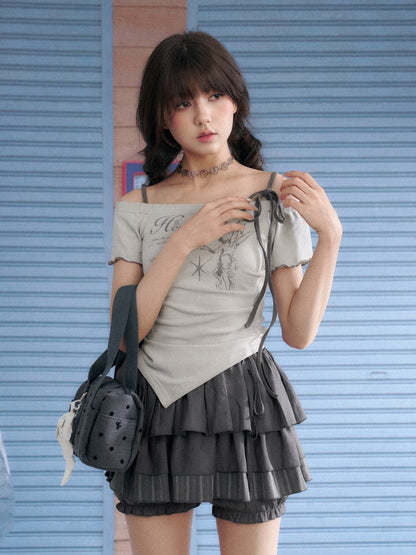 Angel Print Shoulder Straps Irregular Tops【s0000013137】