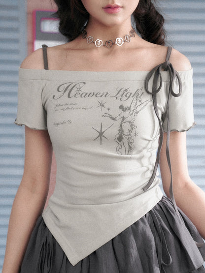 Angel Print Shoulder Straps Irregular Tops【s0000013137】