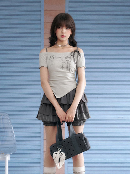 Angel Print Shoulder Straps Irregular Tops【s0000013137】