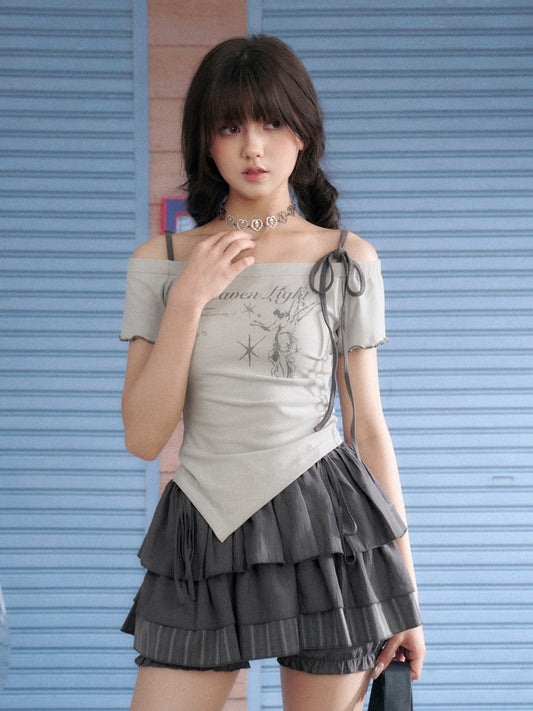 Angel Print Shoulder Straps Irregular Tops【s0000013137】