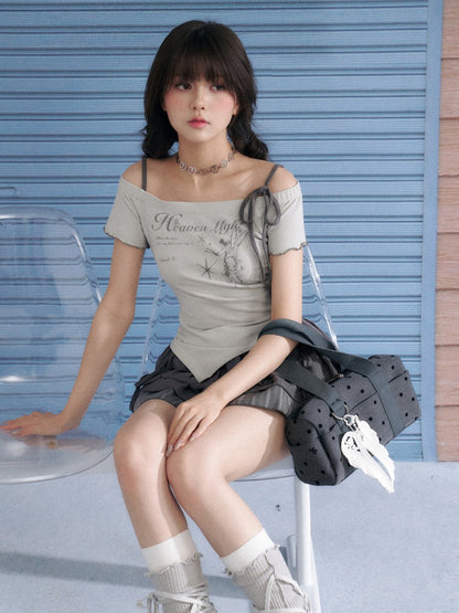 Angel Print Shoulder Straps Irregular Tops【s0000013137】