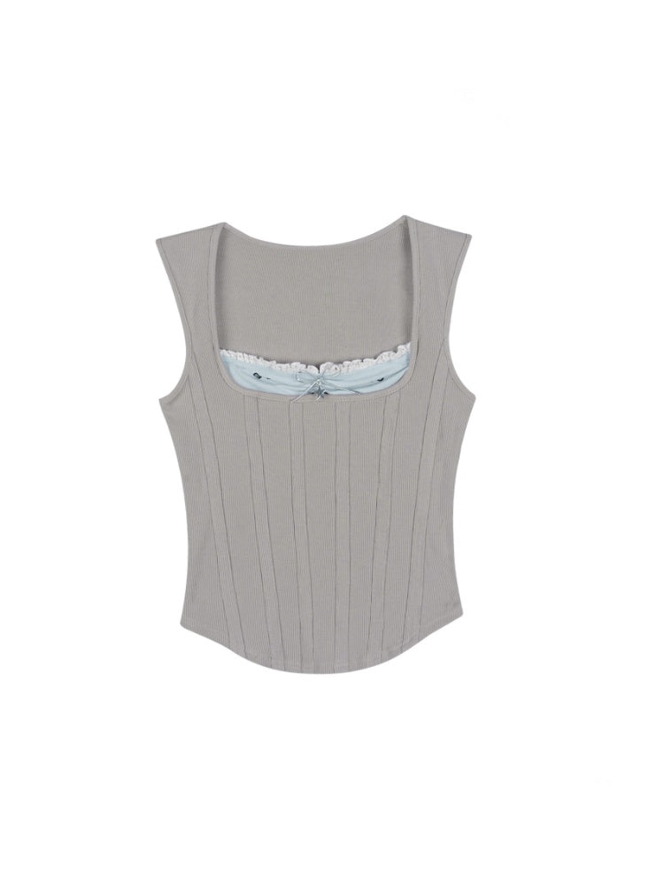Square Collar Faux Layered Ribbed Tank Top【s0000013140】